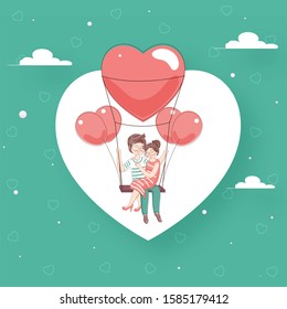 Flat Style Illustration of Loving Couple on Swing with Balloons on Green and White Heart Shape Background for Happy Valentine's Day Celebration.