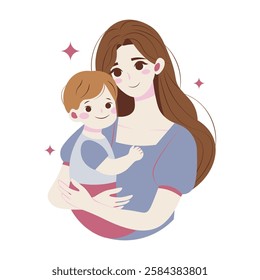 Flat style illustration of a loving mother holding her child, symbolizing warmth, care, and family bonding. Perfect for themes of motherhood, parenting, and affection.