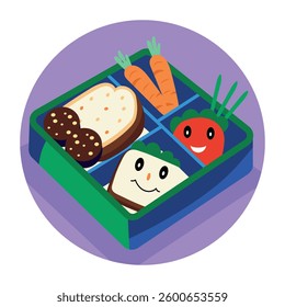 A flat style illustration of lunch box filled with food