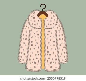 Flat style illustration of a luxurious fur coat on a hanger, showcasing a minimalist and elegant design. Perfect for fashion, winter apparel, and style related concepts.