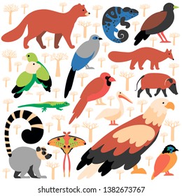 Flat style illustration with Madagascar animals. Vector set with elements