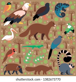 Flat style illustration with Madagascar animals. Vector set with elements