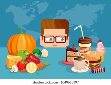 Flat Style Illustration Of Man Craving For Junk Food Instead Of Healthy Diet. 