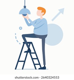 Flat Style Illustration of Man Fixing Light Bulb Fixture on Ladder