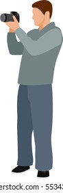 Flat style illustration. Man holding camera and photographing, the image on a white background. 