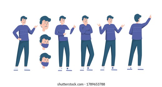 flat style illustration of man in many pose and face variations with mask set vector, pack of flat vector illustration in style