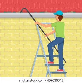 Flat style illustration of a man on a ladder cleaning the rain gutter of the house with a telescopic device.