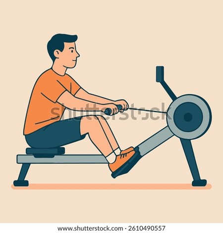 Flat Style Illustration of a Man on a Rowing Machine. A clean and minimal flat-style illustration depicting a man exercising on a rowing machine.