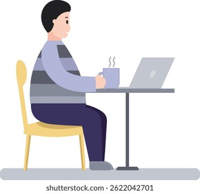 Flat style illustration of a man sitting at a desk, working on a laptop while holding a hot coffee mug. Clean and modern design, ideal for remote work, office scenes, and lifestyle concepts.