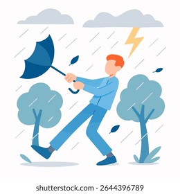 Flat Style Illustration of Man Struggling with Umbrella in Stormy Weather