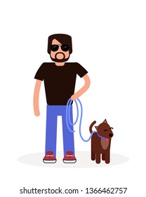 Flat style illustration of  the man walking the dog.  Isolated illustration on white background.  Stylish man with glasses