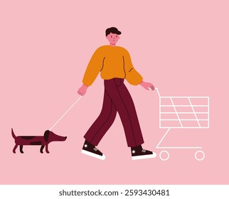 Flat style illustration of a man walking a dachshund with a shopping cart, perfect for lifestyle, pet, and modern design projects.