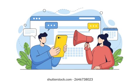 flat style illustration of A man and woman engage in a digital marketing, with the man holding a smartphone and the woman a megaphone, represent online business promotion