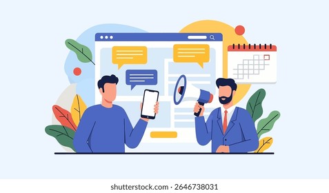 flat style illustration of A man and woman engage in a digital marketing, with the man holding a smartphone and the woman a megaphone, represent online business promotion