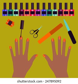 Flat style illustration of manicure procedure. Flat banner of manicure.Vector flat style manicure procedure illustration. Vector flat design of manicure procedure. Manicure spa. Manicure elements. 