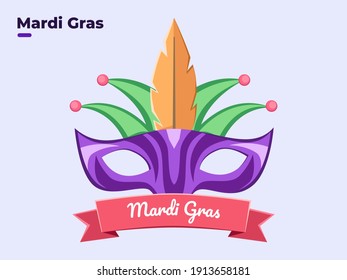 Flat style illustration of Mardi Gras face mask masquerade with colorful, happy Mardi Gras day, Festive Mardi Gras festival, Carnival Mardi Gras equipment, Venice festival, Fat Sunday, Party.