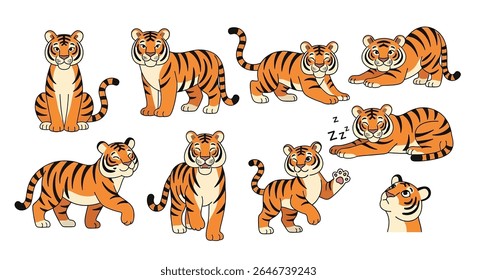 flat style illustration of mascot cartoon tigers in different standing and sitting poses, showcasing their iconic orange and black stripes