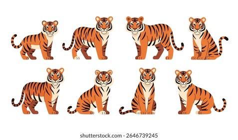 flat style illustration of mascot cartoon tigers in different standing and sitting poses, showcasing their iconic orange and black stripes