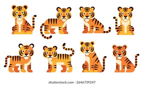 flat style illustration of mascot cartoon tigers in different standing and sitting poses, showcasing their iconic orange and black stripes