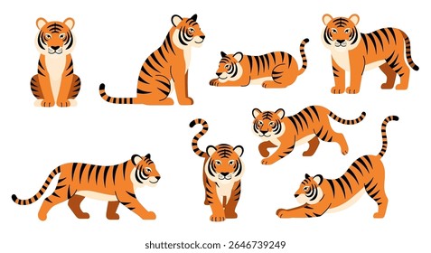 flat style illustration of mascot cartoon tigers in different standing and sitting poses, showcasing their iconic orange and black stripes
