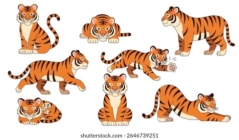 flat style illustration of mascot cartoon tigers in different standing and sitting poses, showcasing their iconic orange and black stripes