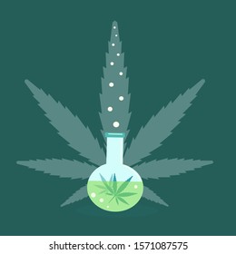 Flat style illustration of the medical flask with cbd on the drak green background, isolated vector leaf cannabis 