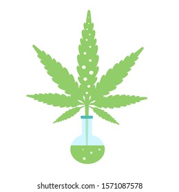 Flat style illustration of the medical flask with cbd on the white background, isolated vector leaf cannabis 