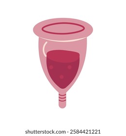 Flat style illustration of a menstrual cup filled with liquid. Ideal for topics related to feminine hygiene, menstruation, zero waste, sustainability, and reproductive health.