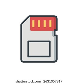 Ilustração de estilo plano de um cartão micro SD, para armazenar dados digitais. A composição é centralizada com um simples fundo branco.