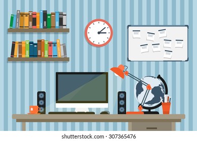 flat style illustration of moder workplace in room or office, workspace of creative worker