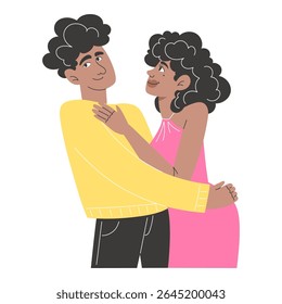 Flat Style Illustration of Modern African Couple Hugging and Smiling in Trendy Outfits