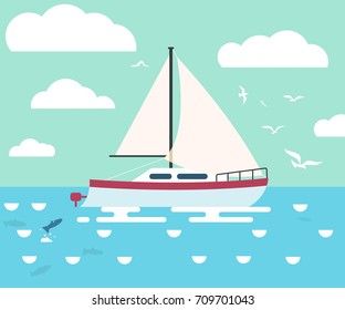 Flat style illustration of a modern sailing yacht on the sea. The yacht is accompanied by birds and fish. Illustration for vacation trip, recreational or sport sailing and fishing.