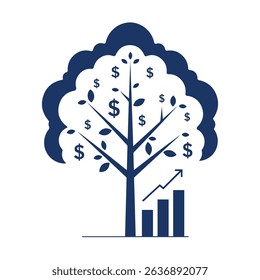 Flat style illustration of a money tree with dollar symbols growing from branches and bar chart roots