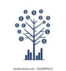 Flat style illustration of a money tree with dollar symbols growing from branches and bar chart roots