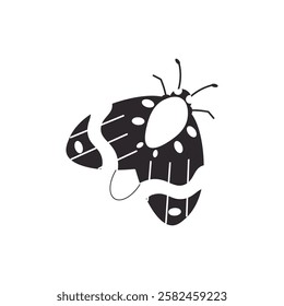 Flat style illustration of a moth with intricate wing patterns in black and white, ideal for nature-themed designs, prints, and entomology-inspired artwork.