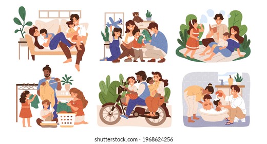 Ilustración de estilo plano de madre y padre cuidando juntos a sus hijos. Concepto de actividades familiares de fin de semana y familia multiétnica.