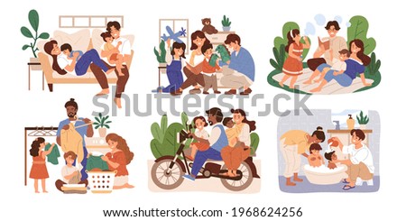 Flat style illustration of mother and father taking care of their children together. Concept of family weekend activities and multi ethnic family.