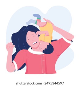 A flat style illustration of mother playing with baby 