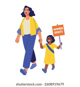 A flat style illustration of a mother protesting with her daughter