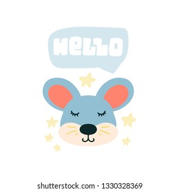 Flat style illustration with mouse.Cartoon vector animal