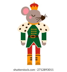 Flat style illustration of a mouse king character in royal costume, ideal for Christmas stories, fairy tale projects, and festive holiday design themes