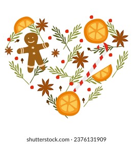 Flat style illustration of mulled wine ingredients oranges, anise stars, straw, cloves, berries. Vector illustration for Christmas decoration. Heart shape design element with Gingerbread cookie