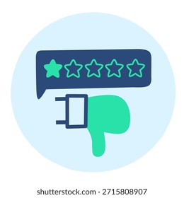 Ilustración de estilo plano de un ícono de Comentarios negativo con una estrella llena y un gesto de pulgares hacia abajo en colores azul y verde en una circular azul claro, que representa una mala calificación y un concepto de aversión