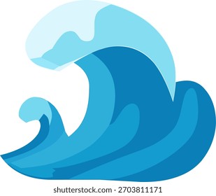 Flat style illustration of an ocean wave with layered blue tones, symbolizing sea, water, surfing, and marine nature. Clean and simple design suitable for icons, logos, or educational materials.