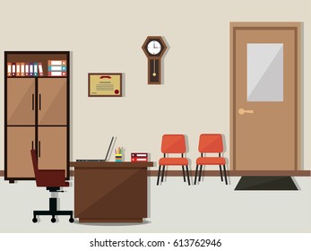 Ilustración de estilo plano del diseño interior de oficinas o lugares de trabajo.