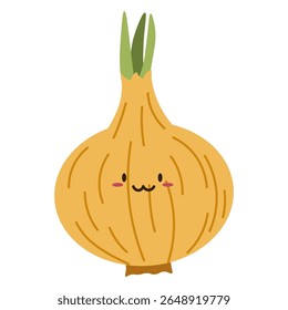 Flat style illustration of an onion with happy face, ideal for healthy eating, cooking projects, and vegetable-inspired designs