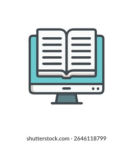 Flat style illustration of an open book appearing on a computer screen. Promotes online learning.