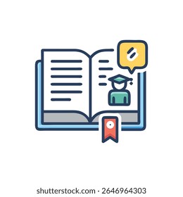 Flat style illustration of an open book with graduation concept and an idea bubble. Concept of education.