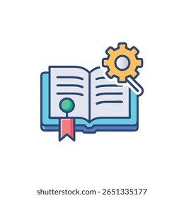 Flat style illustration of an open book with a gear wheel representing data analysis and knowledge exploration.