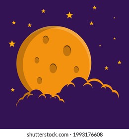 Flat style illustration orange moon stars and orange clouds background design. Good to use for banner, social media template, poster and flyer template, etc.